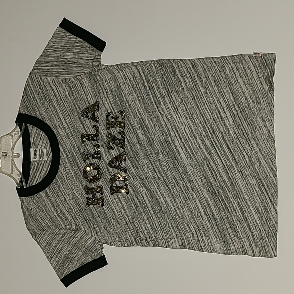 PINK VICTORIA'S SECRET Gray Short Sleeve Tee Shirt Bling "HOLLA DAZE" Size Small
